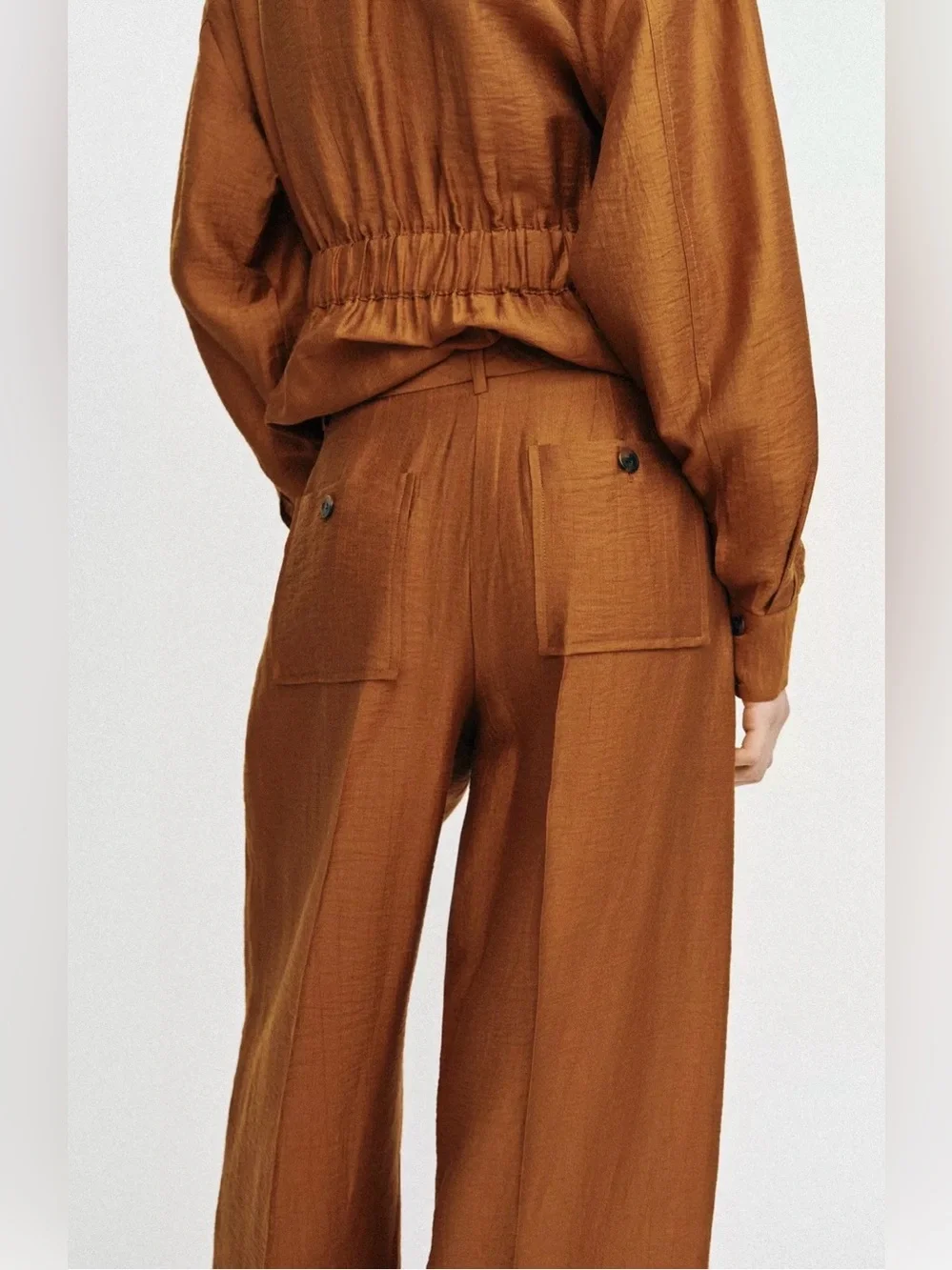 Zara Brown Linen Blend Pleated Wide Leg Trousers with Slits